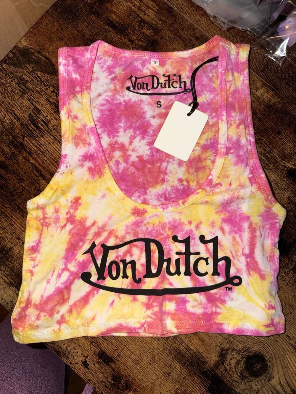 Von Dutch Tie-Dye Crop Tank Top - Pink and Yellow